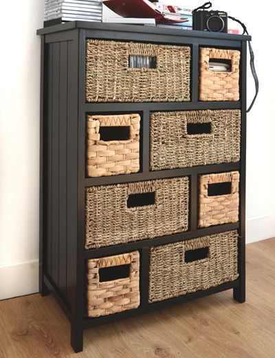 Black cabinet with 8 storage baskets
