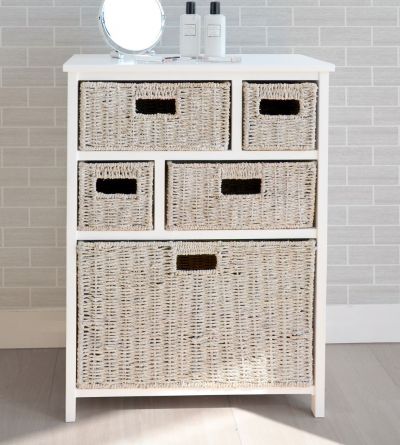 White cabinet with 5 whitewash baskets