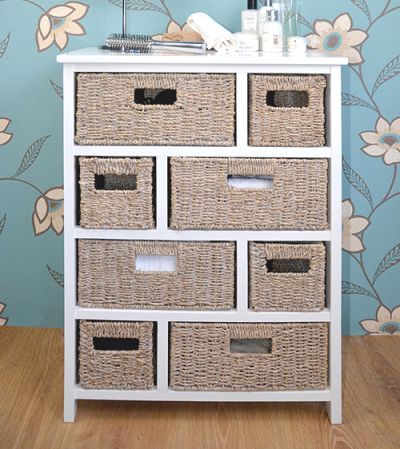White cabinet with 8 whitewash baskets