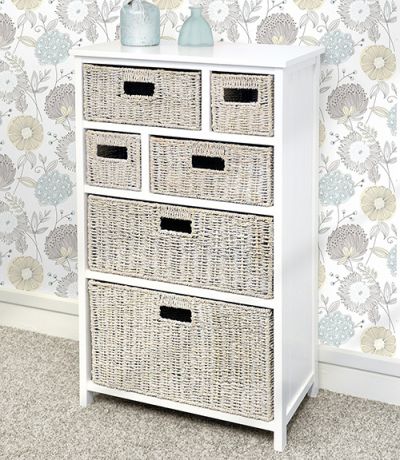 White cabinet with 6 whitewash baskets