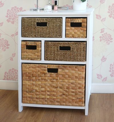 White cabinet with 5 storage baskets